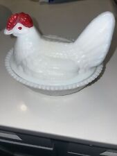 Vintage Westmoreland White Milk Glass Hen On Nest Covered Dish Red Eyes EUC for sale  Shipping to South Africa