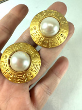 Vintage Earrings Clip On Anne Klein Etruscan Saucer Simulated Pearl Goldtone for sale  Shipping to South Africa