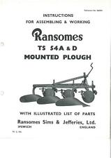 Ransomes TS54 A & D Mounted Plough Operators Manual with Parts List for sale  Shipping to Ireland