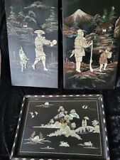 JAPANESE LACQUER SHIBAYAMA PANELS wood vintage wall plaque carved art. for sale  Shipping to South Africa