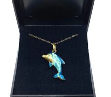 Lovely Vintage Italian 9CT Gold Blue Enamel Dolphin Pendant Necklace for sale  Shipping to South Africa