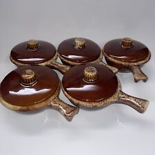 10 Pc. Brown Drip Soup Handle 5 Bowls-5 Lids Hull Pottery Glazed Oven Proof USA, used for sale  Shipping to South Africa