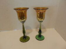 Signed Set Rick Strini Art Glass Gold Aurene Luster Green Wine Stem REDUCED for sale  Shipping to South Africa