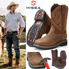 Botas de trabajo HISEA para hombre punta de acero punta cuadrada ancha cuero genuino vaquero botas granja segunda mano  Embacar hacia Mexico