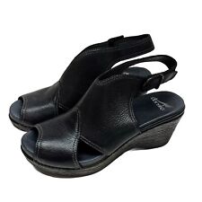 Dansko Vanda Black Leather Platform Wedge Sandals Peep Toe Buckle Accent 8.5/39, used for sale  Shipping to South Africa