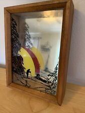 Antigo anos 70 3D tela de seda vidro moldura de madeira espelho decoração de parede esquiador pôr do sol 8x6” RARO comprar usado  Enviando para Brazil
