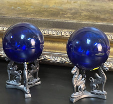 Pair of 6" signed glass hand blown balls with opening upon the griffin base stan, used for sale  Shipping to South Africa