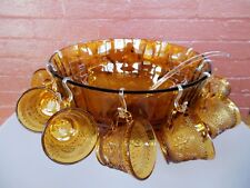 Tiara Indiana Glass Amber Sandwich Punch Bowl & Ladle & Cups & Hooks 26 pc Set, used for sale  Shipping to Canada