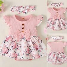 Newborn Baby Girl Floral Ruffle Ribbed Jumpsuit Romper Headband Outfit Dress Set for sale  UK