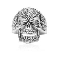 925 Sterling Silver Sugar Flower Skull Clear CZ Eyes Gothic Tattoo Biker Ring, used for sale  Shipping to South Africa