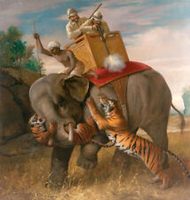Used, Oil painting Briton Riviere Tigerjagd hunter elephant tiger in landscape canvas for sale  Shipping to Canada
