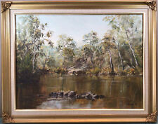 Pintura al óleo de escena fluvial enmarcada de K Young 1981 segunda mano  Embacar hacia Argentina