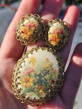 Juego de broches y pendientes vintage de rosa floral esmaltada azucarada de Alemania Occidental segunda mano  Embacar hacia Argentina