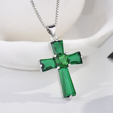 Hotsale Cross Shape Green Citrine Gemstone Women Silver Necklace Pendants 18'', used for sale  Shipping to South Africa