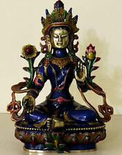 Antique Cloisonne technique Handwork Carved green Tara Old Bronze statues for sale  Shipping to Canada