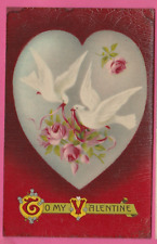 Valentine embossed pc/red postcard, large white heart w/2 doves, pink roses/pret for sale  Shipping to South Africa
