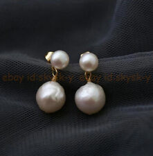 11-12mm White Natural South Sea Baroque Edison Double Pearl Dangle Stud Earrings, used for sale  Shipping to South Africa