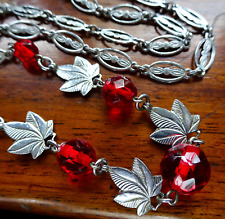 antigo colar de flores folha de contas de vidro vermelho brilhante art déco tom prata -S33 comprar usado  Enviando para Brazil
