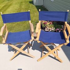 Vintage Folding Pair Blue Canvas Oak Wood Frame 36" High Directors Chairs, used for sale  Shipping to South Africa