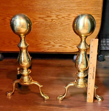 Gorgeous PAIR Brass Ball Andirons w Iron Metal Wood Carriers Fire Dogs Free Ship for sale  Shipping to South Africa