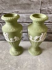 WEDGWOOD WHITE ON SAGE GREEN JASPER JASPERWARE PAIR VASES 15.5cms, used for sale  Shipping to South Africa