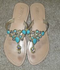 Usado, Sandálias de couro com miçangas de cristal pedras turquesa místicas 8 lindas! comprar usado  Enviando para Brazil
