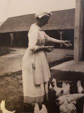 OLD B&W PHOTOGRAPH CLARA & CHICKENS 4.5" x 2.75" VINTAGE FARMER'S WIFE IN APRON for sale  Shipping to South Africa
