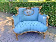Antique French Louis XVI Corbeille Settee in Gold Leaf Beech with Blue Velvet for sale  Shipping to South Africa