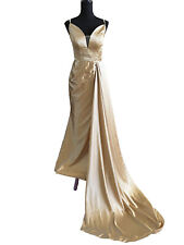 Vestido formal sereia cetim dourado gola V com alças vestido varredura trem fenda alta 6-10 comprar usado  Enviando para Brazil