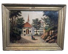 19thC Antique PRIMITIVE CITYSCAPE Old CHURCH Country VICTORIAN FOLK ART PAINTING for sale  Shipping to Canada