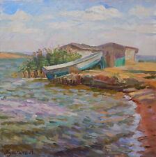 Original Oil Painting on canvas River Landscape "Fisherman's Camp" Signed Art for sale  Shipping to South Africa