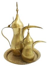 Vintage Saudi Arabi Brass Dallah Coffee Tea Pot Tall Set With Tray 3 Pieces for sale  Shipping to Canada