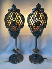 Pair French Antique Victorian Boudoir Mantel Lamps Ornate Filigree Cast Metal for sale  Shipping to South Africa