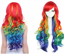 Peruca de cabelo festa cosplay onda encaracolada arco-íris multicolorida 70 cm de comprimento + boné comprar usado  Enviando para Brazil