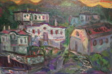 Vintage expressionist oil painting landscape cityscape signed, used for sale  Shipping to Canada