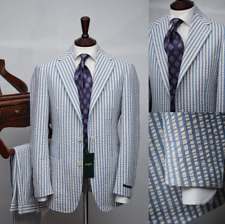 Blue Seersucker Men's Suits 2 Pieces Party Summer Jacket Wedding Groom Tuxedos for sale  Shipping to South Africa
