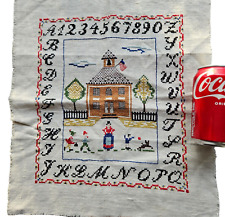 Vintage Cross Stitch Embroidered Sampler Panel Finished Schoolhouse Teacher Art for sale  Shipping to South Africa