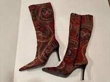 Women’s Bronx ‘Amalie’ Red Paisley Knee High Zip Boots 8.5, used for sale  Shipping to South Africa