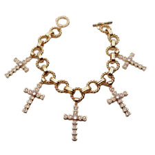 Usado, Berloque crucifixo zircônia cúbica pavê corrente folheado a ouro pulseira religiosa 8" comprar usado  Enviando para Brazil
