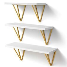 AMADA White Floating Shelves with Triangle Golden Metal Brackets Set of 3, used for sale  Brookville