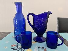 Used, Vintage Cobalt Blue Cut Glass Pitcher Milk Bottle And Coffee Cups for sale  Shipping to South Africa