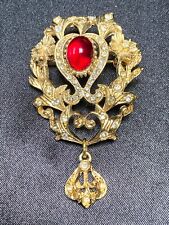 Vintage Signed Dangle Brooch Faux Glass Ruby Cabochon Rhinestone Victorian Style for sale  Shipping to South Africa