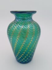 Steven Correia Art Glass Vase Irridecent Feathered Signed 5", used for sale  Shipping to South Africa