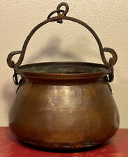 Antique Copper Hand Hammered & Dovetailed Hanging Kettle Pot Wrought Iron Handle for sale  Shipping to Canada