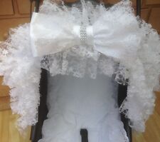 PRAM/PUSHCHAIR WHITE FRILLY BLING BOW HOOD TRIM - UNIVERSAL - STUNNING - ROMANY for sale  Shipping to South Africa