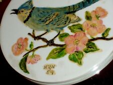 OLD VINTAGE Wheeling Ceramic ART Blue Bird Blooming Tree Hand painted Tile for sale  Houston
