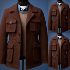 Vintage Wool Brown Men's Safari Jackets Multi Pockets Formal Hunting Warm Coat for sale  Shipping to South Africa