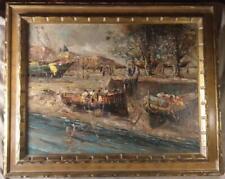 Vintage Oil Painting Nautical Expressionist Coastal Landscape Port Boats People for sale  Shipping to Canada