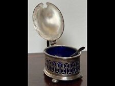 Suporte de especiarias de mesa prata antiga de vidro azul com colher; 4" x 2" total/ Inglaterra comprar usado  Enviando para Brazil