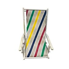 Vintage Wood Striped Fabric Adjustable Sun Lounger Seaside Folding Deck Chair for sale  Shipping to South Africa